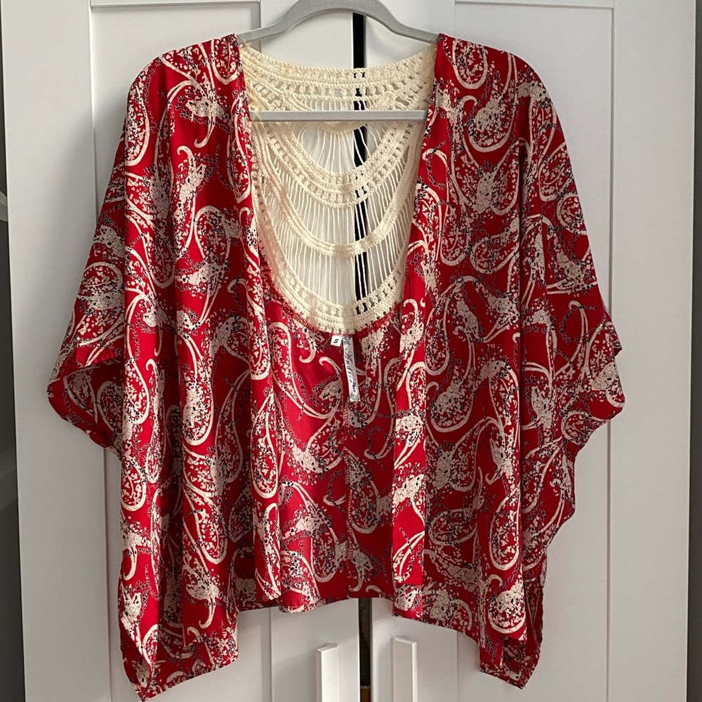 Red Printed Kimono with Mesh Detail